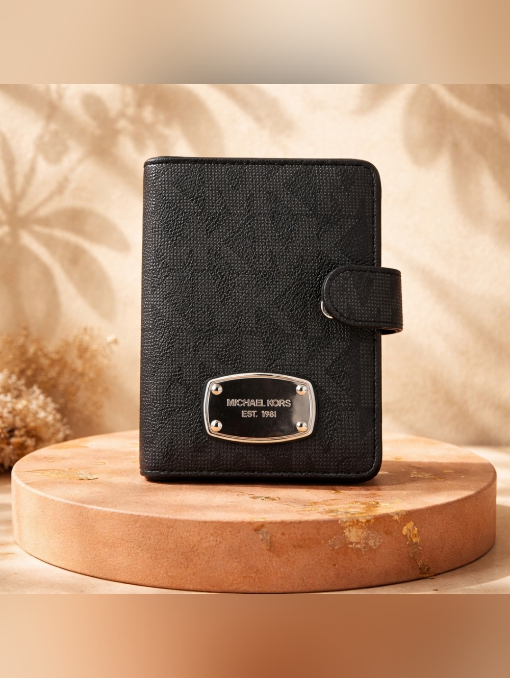 EUC Michael Kors Black Leather Wallet with Silver Logo Plate